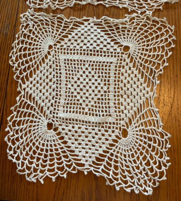 2 Vintage Off White Hand Crocheted Doilies Fan Corners Both 13