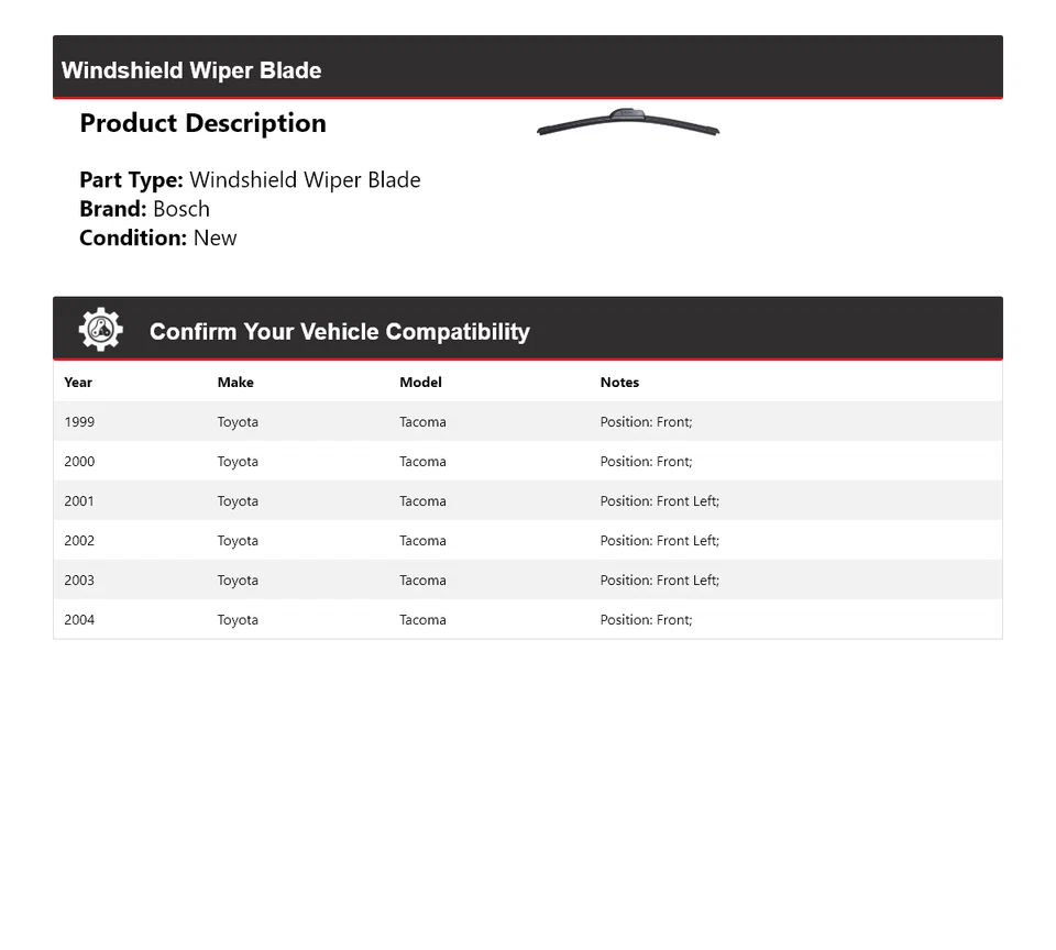 Limpiaparabrisas para Toyota Tacoma Bosch ICON 1999-2004 2000 2001 2002 Foto 2 de 3