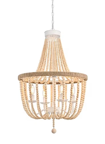 Chandelier Light Fixture Farmhouse Shabby Beige Wood Bead Chic Rope Pendant Lamp - Picture 4 of 9