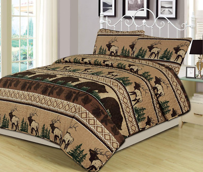 Bear Mountain 2-Piece Quilt Set Featuring Bear Elk Rustic Log Cabin Lodge, King 