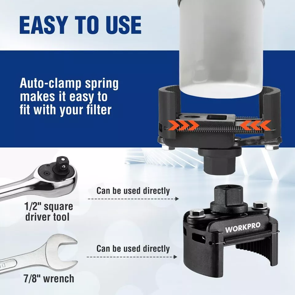 WORKPRO Universal Oil Filter Wrench Adjustable w/Auto-Clamp Spring Removal Tools - Image 3 of 4
