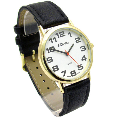Ravel superklare leicht ablesbare Herren-Quarzuhr schwarzes Armband weißes Zifferblatt R0105.05.1A