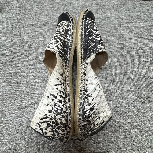 Loeffler Randall Flat Size 7 Mara Espadrilles Snake Embossed Leather Cream Black - Picture 9 of 13