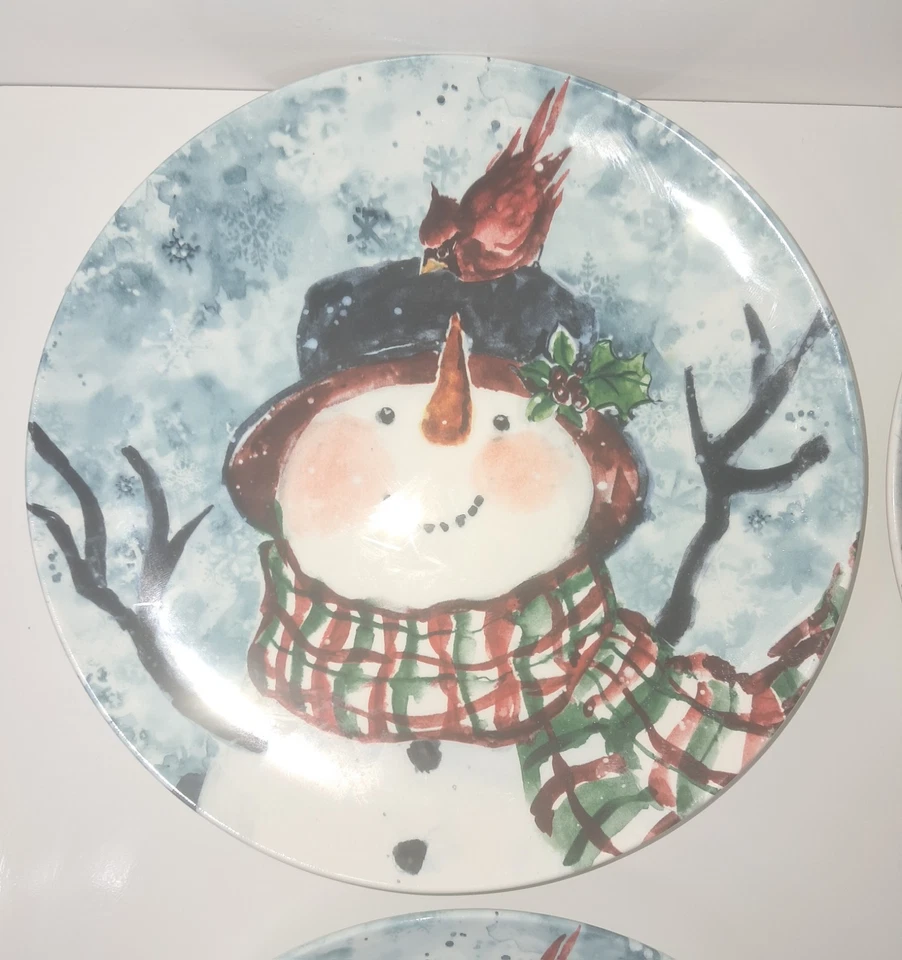 Pratos vintage aquarela boneco de neve 4 Susan Winget 9"D sobremesa salada certificado internato - Imagem 4 de 4