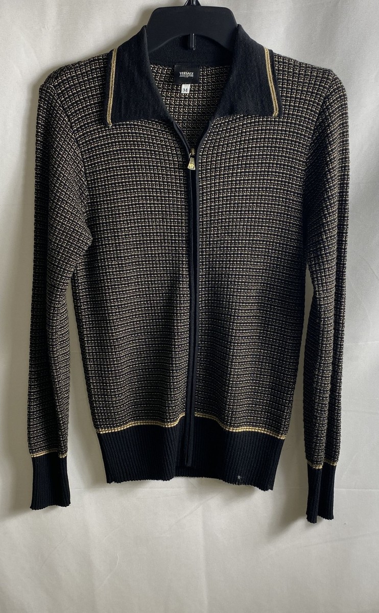 Vintage 90s Versace Jeans Couture Black Gold Zip Cardigan Sweater Sz M