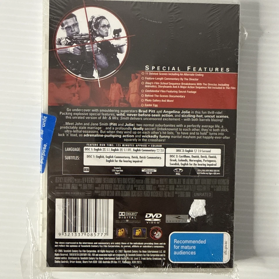 Mr & Mrs Smith Unrated DVD Brad Pitt Region 4 2005 New & Sealed Free Postage - image 2 of 2