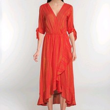 $175 Michael Kors Women's Orange Metallic Stripe V-Neck Faux Wrap Dress Size M