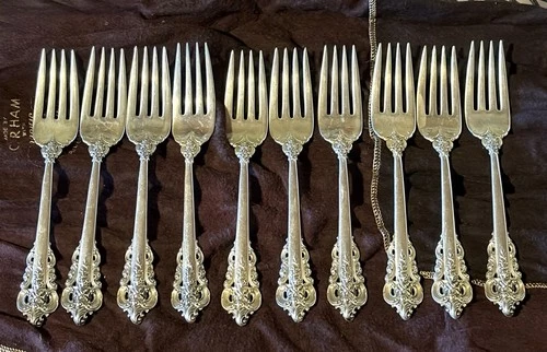 Wallace Sterling Silver Salad/Desert Forks Set Of 10 Ornate Floral Rococo Issue
