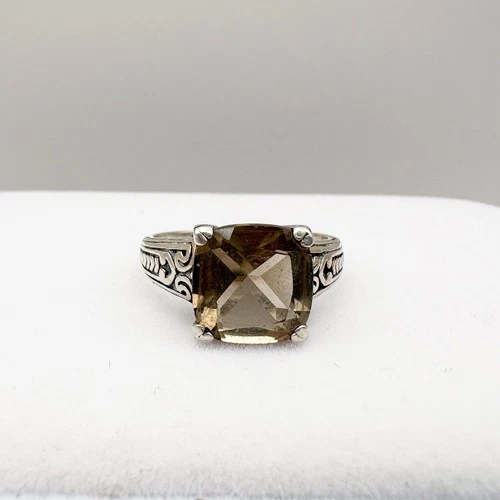 Smoky Quartz Ring, Size 8, Sterling 925 Silver, Intricate Band, Signed Vintage