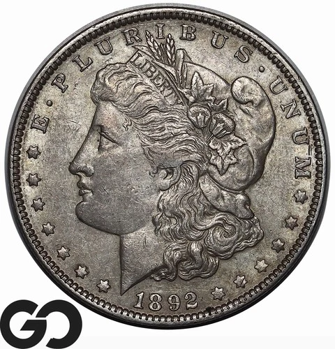 1892 Morgan Silver Dollar Coin, Choice AU++ Tougher Date