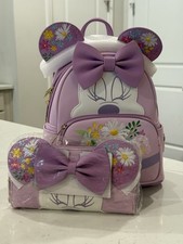 Loungefly Disney Minnie Mouse Sosteniendo Flores Floral Mochila y Billetera Conjunto ¡NUEVO!