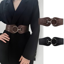 Women Fashion PU Leather Elastic Waist Belt O-Ring Cinch Belt Dress Fashion Belt