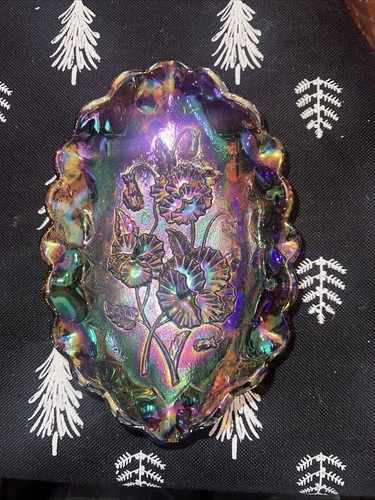 Vintage Imperial Carnival Glass  purple poppy pattern Amethyst pickle dish