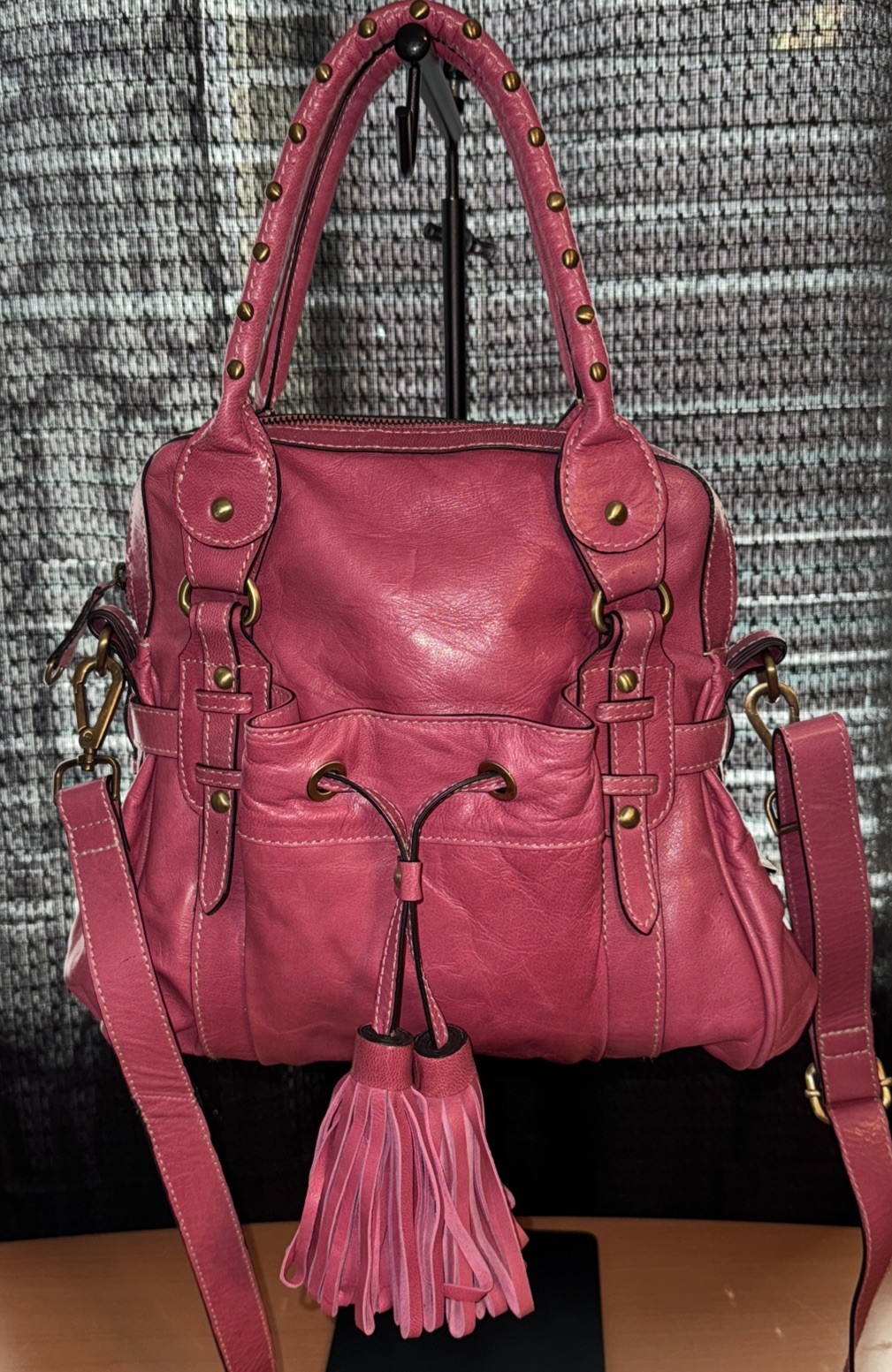 Firenze Bella Genuine Leather Crossbody/Shoulder Bag/Small Tote - Pink - Tassel