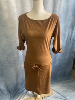 Peruzzi Alcantara Faux Suede Drop Waist Dress Camel Brown #7371 EU L Fits XS/S