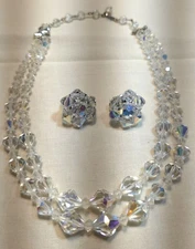 Vintage Aurora Borealis Faceted Double Stranded 2 Necklace Clip Earrings Set