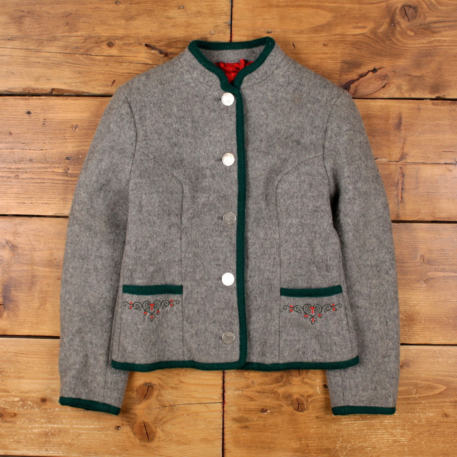 Chaqueta estilo austríaco vintage Boos S 36 para mujer años 90 gris forrada de lana tradicional