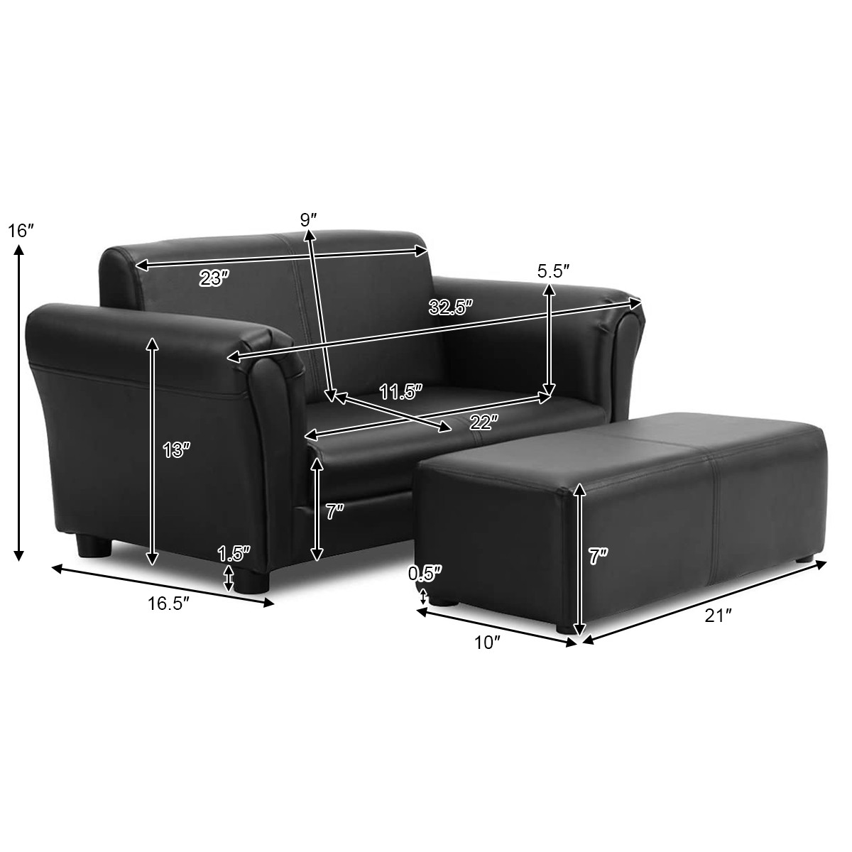 2 Seat Kid Sofa Leather Children Couch Chair w/ Ottoman