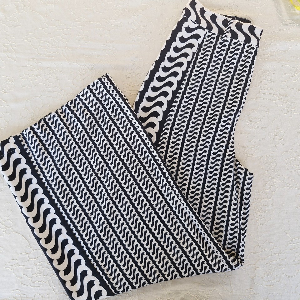 SHEIKE Essie Pants Sz8 Wide Leg Palazzo Cream Black Monochrome Wavy Print