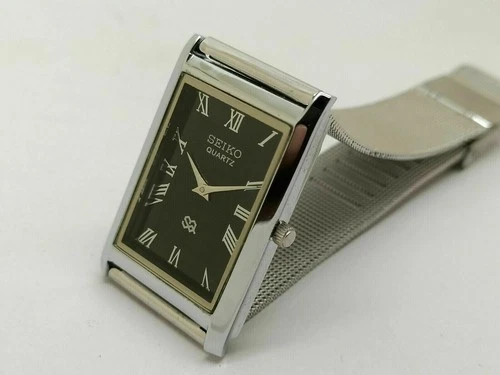 Vintage Seiko Slim Tank Quartz Men Black Dial Dress Watch-Free DDP Shipping