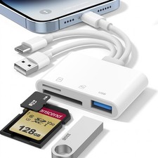 SD Card Reader for iPhone iPad Mac, USB-C Lightning USB-A 3-in-1 White