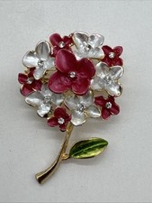 Vintage Flower Brooch Pin Bloom Pink  White Rhinestone Enamel Petal Gold Tone