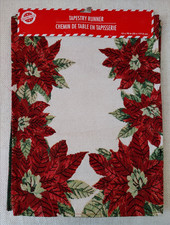 Red Christmas Poinsettia Tapestry Table Runner 70 x 13 inch