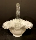 Vintage Fenton Silver Crest White Milk Glass Ruffled 7" Basket w/Clear Handle
