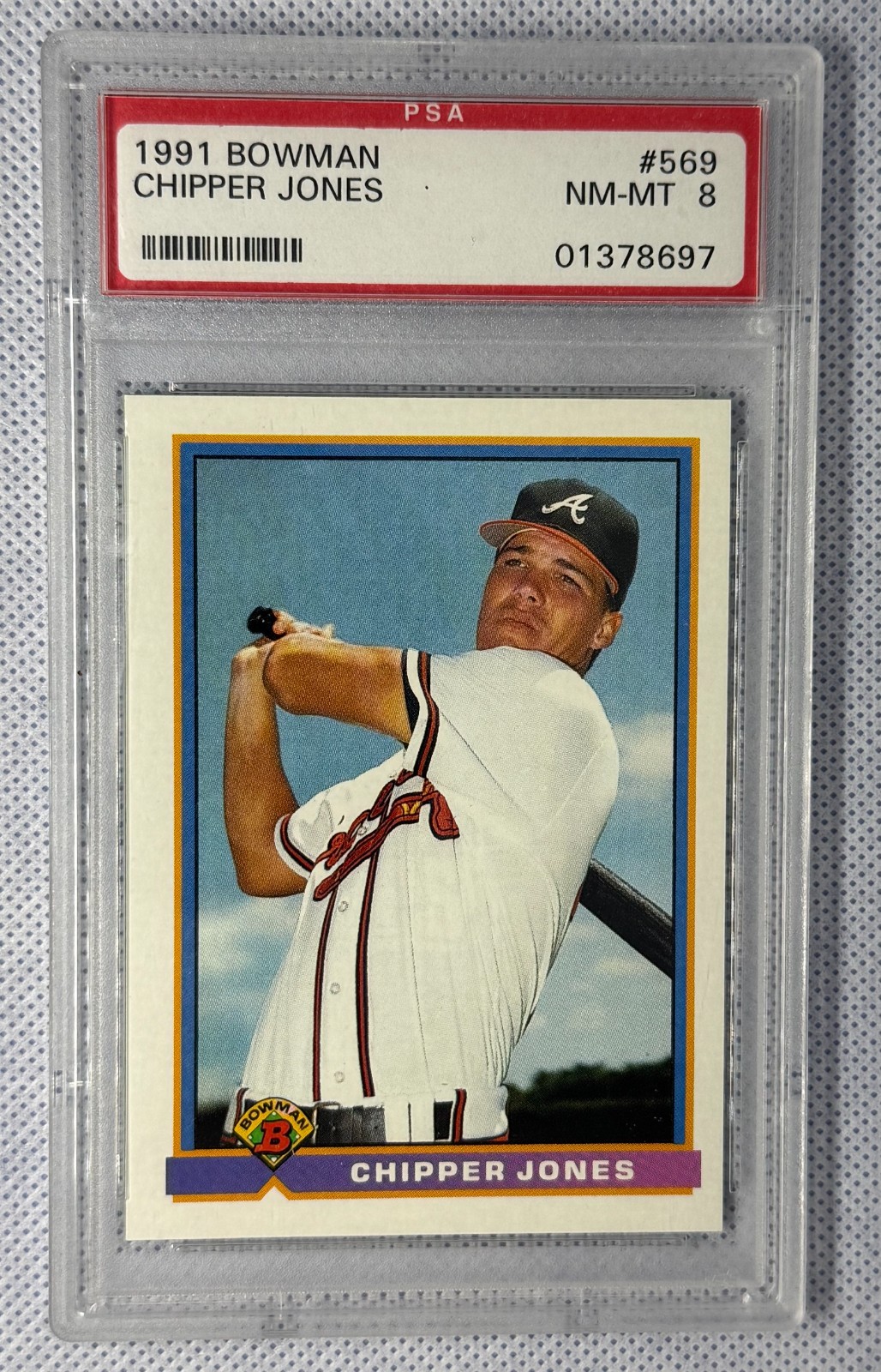 1991 BOWMAN #569 CHIPPER JONES ROOKIE RC PSA 8