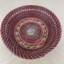 Handwoven 7.5  Pine Needle Basket Vibrant Red Coil Botanical Medallion  Beads