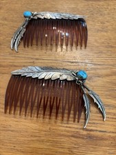Vintage Navajo pair Turquoise  Sterling Silver Hair Combs w/ silver Feathers