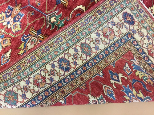 Alfombra de lana anudada a mano 4'8"" X 5'11"" roja beige súper kazaja - Imagen 12 de 12