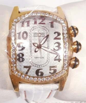 Women Eos New York Watch Rose Gold Big Case White Leather Band Silver Crysta New
