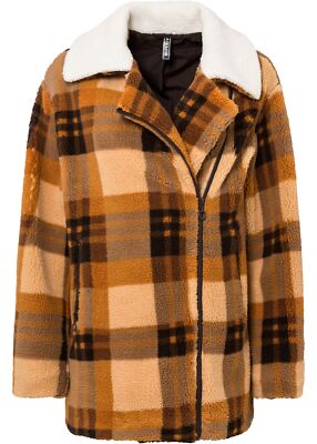 Neu Jacke in Lammfelloptik V-Ausschnitt Gr. 40 Camel Kariert Damenjacke