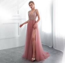 pink beaded Prom ball gown long maxi wedding high split dress 6 8 10 12 14 16