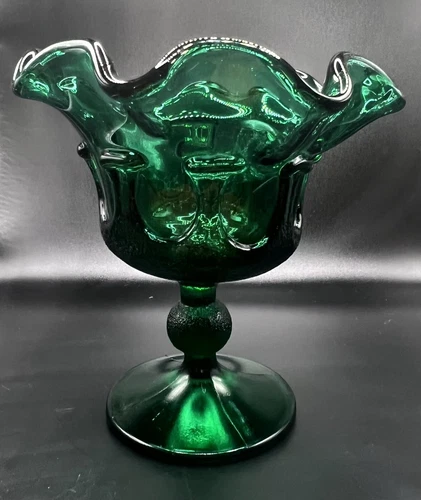 Vintage Stelvia Glass Blenko Wayne Husted Emerald Green Candy Compote Ruffle Rim