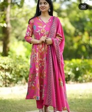 Floral Print Angrakha Pattern Anarkali Dress Set with Dupatta, Pink, V-Neck