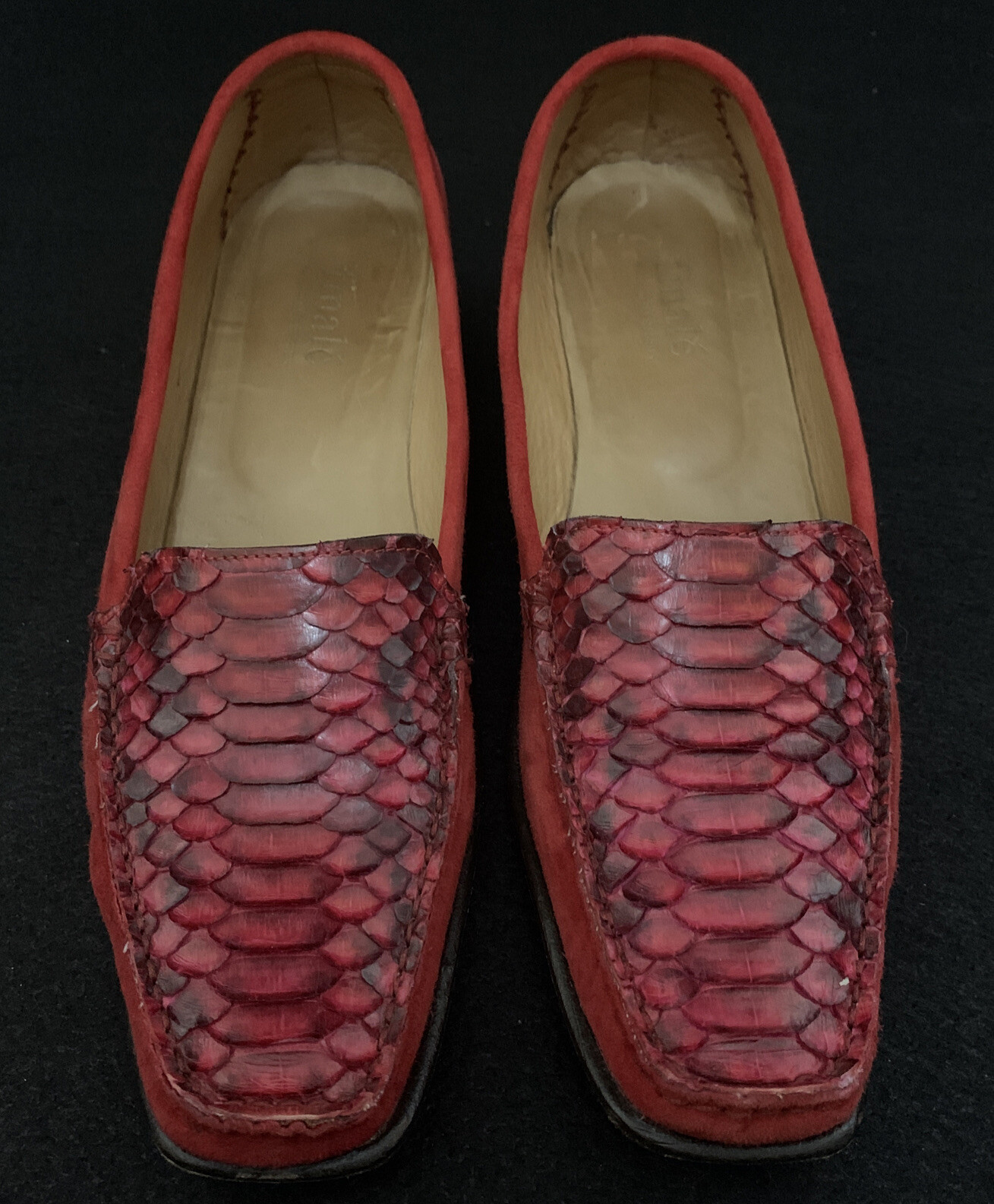 Vintage Red Python Snakeskin Suede Leather Loafer… - image 1