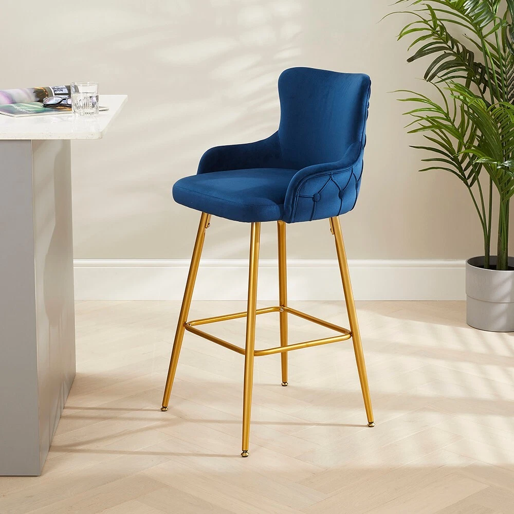 Amore Blue Velvet Bar Stool with Gold Legs Modern Kitchen Dining BAR 12