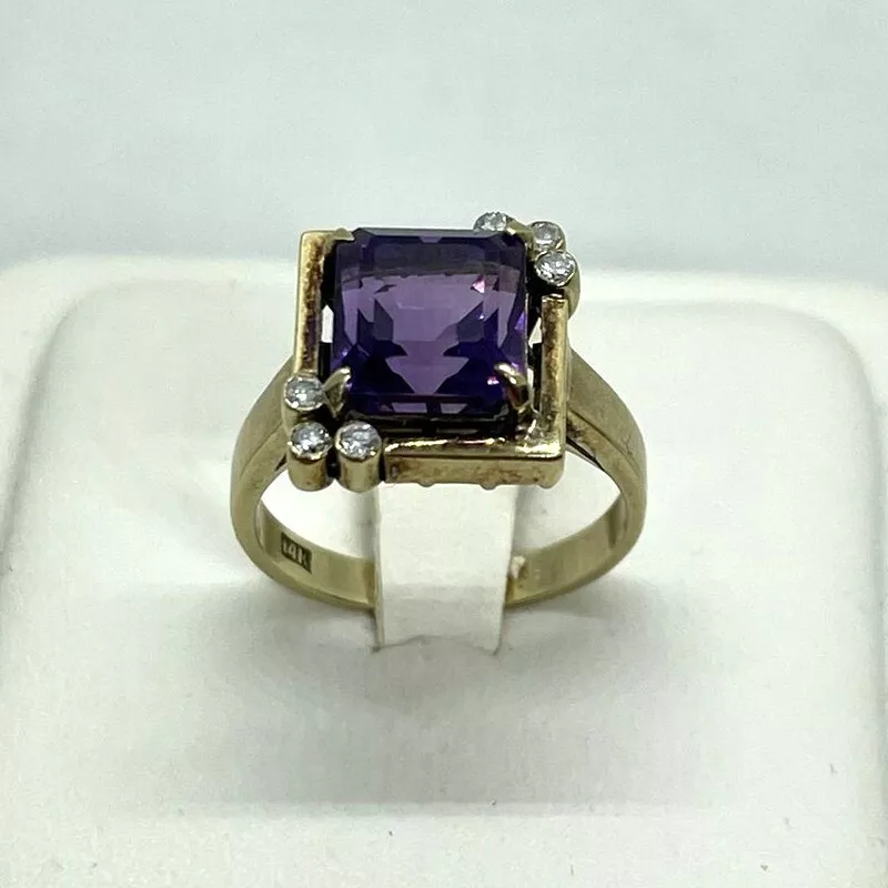 Vintage A S 14k yellow gold square amethyst diamond ring 1940s