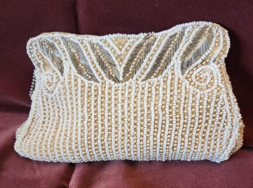Vintage Hand Beaded Off White Evening Bag Purse Clutch Zipper Closure 1950-60's