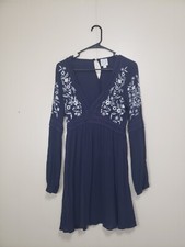 Blue Rain Womens S Babydoll Mini Dress Boho Peasant Dark Blue Floral Embroidery