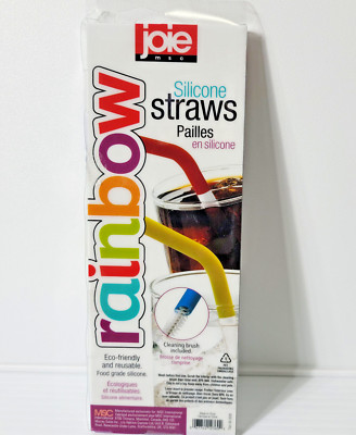 6 JOIE MSC 9'' Rainbow Colored Reusable Flexible SILICONE STRAWS & Cleaning Brush