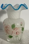 Vintage Fenton Ruffled Top White Opalescence Vase Hand Painted Roses