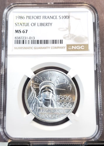 1986 FRANCE SILVER 100 FRANCS PIEFORT STATUE OF LIBERTY NGC MS 67 BEAUTIFUL GEM