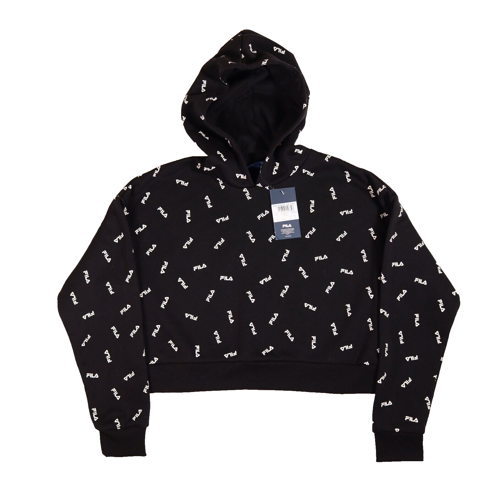 Felpa con cappuccio Fila taglia small nera relaxed cropped ripetizione stampa all over logo nuova con etichette