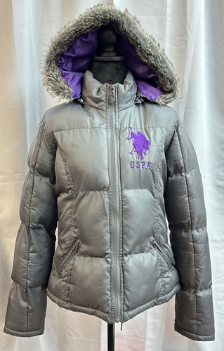 US POLO ASSN Puffer Jacket Womens M Brown Fur Lined Hoodie Zipper Rust lining - Picture 4 of 12