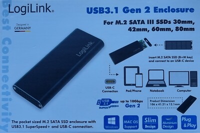 Logilink Externes M.2 SATA HDD/SSD Gehäuse USB 3.1 Bis zu 10 Gbit/s USB-C 3.2 