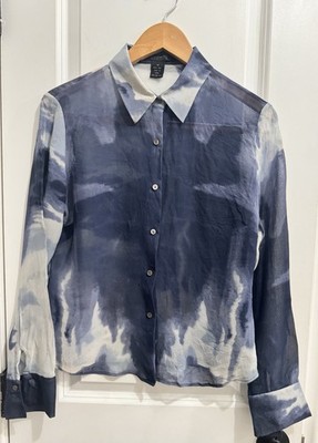 The Limited Womens Medium Blue White Silk Tie Dye Sheer Long Sleeve Blouse Artsy