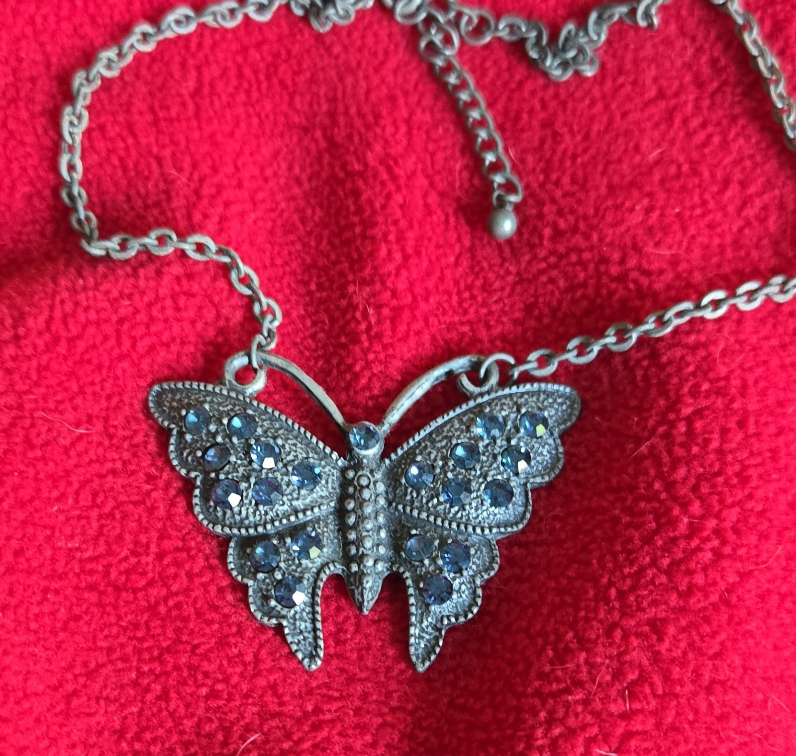 Silver Butterfly Blue Rhinestone Pendant Necklace Cable Chain Lobster Clasp